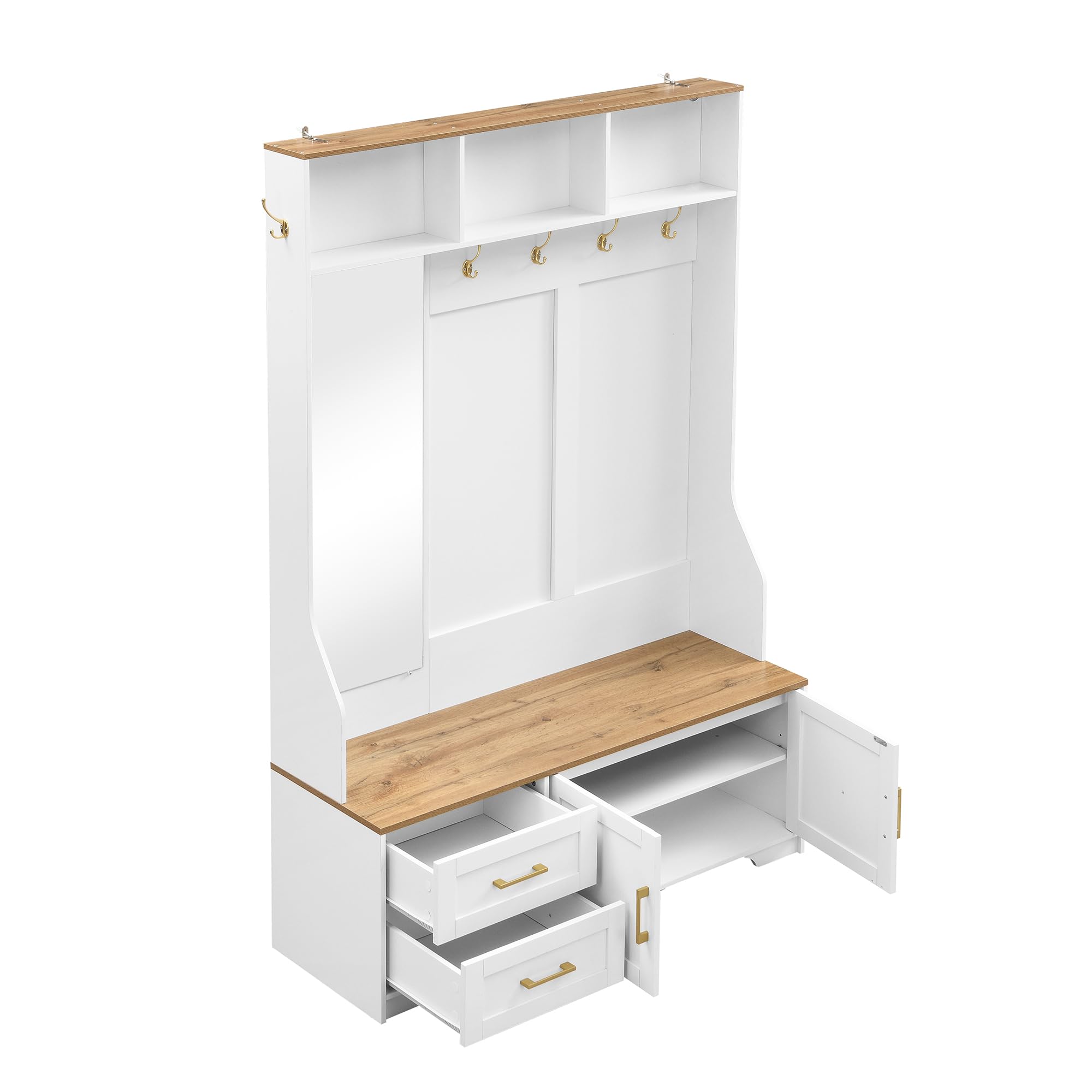 Garderobenset Wandgarderobe mit LED Beleuchtung, Garderoben Set mit Spiegel und Schuhbank, Garderobenständer mit Kleiderhaken & Schubladen, Modern Weiß Flurgarderobe mit Sitzfläche, 120x40x187