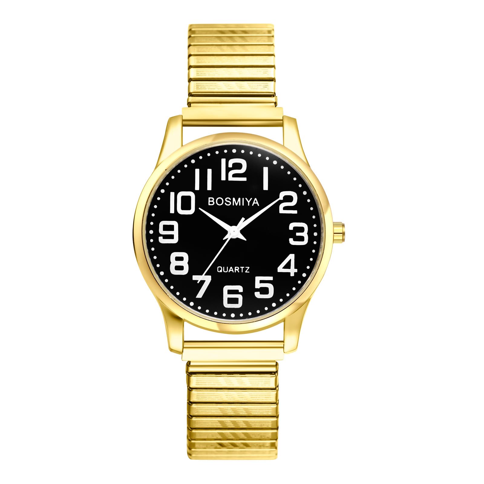 JewelryWe Paar Uhren mit Elastischem Zugarmband Herren Damen Analog Quarz Armbanduhr Edelstahl Stretcharmband Senioren Partneruhren mit Schwarz Großen Zahlen Zifferblatt und Dehnarmband