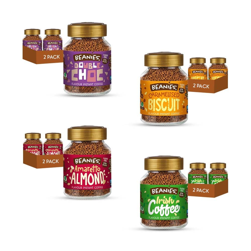 Beanies Instant Coffee with Double Chocolate x 2, Amaretto Almond x 2, Caramelised biscuit x 2, and Irish Coffee x 2, Flavours, 400g (50g x 8 pack) - Rich in Flavour, Low-Calorie, Sugar-Free