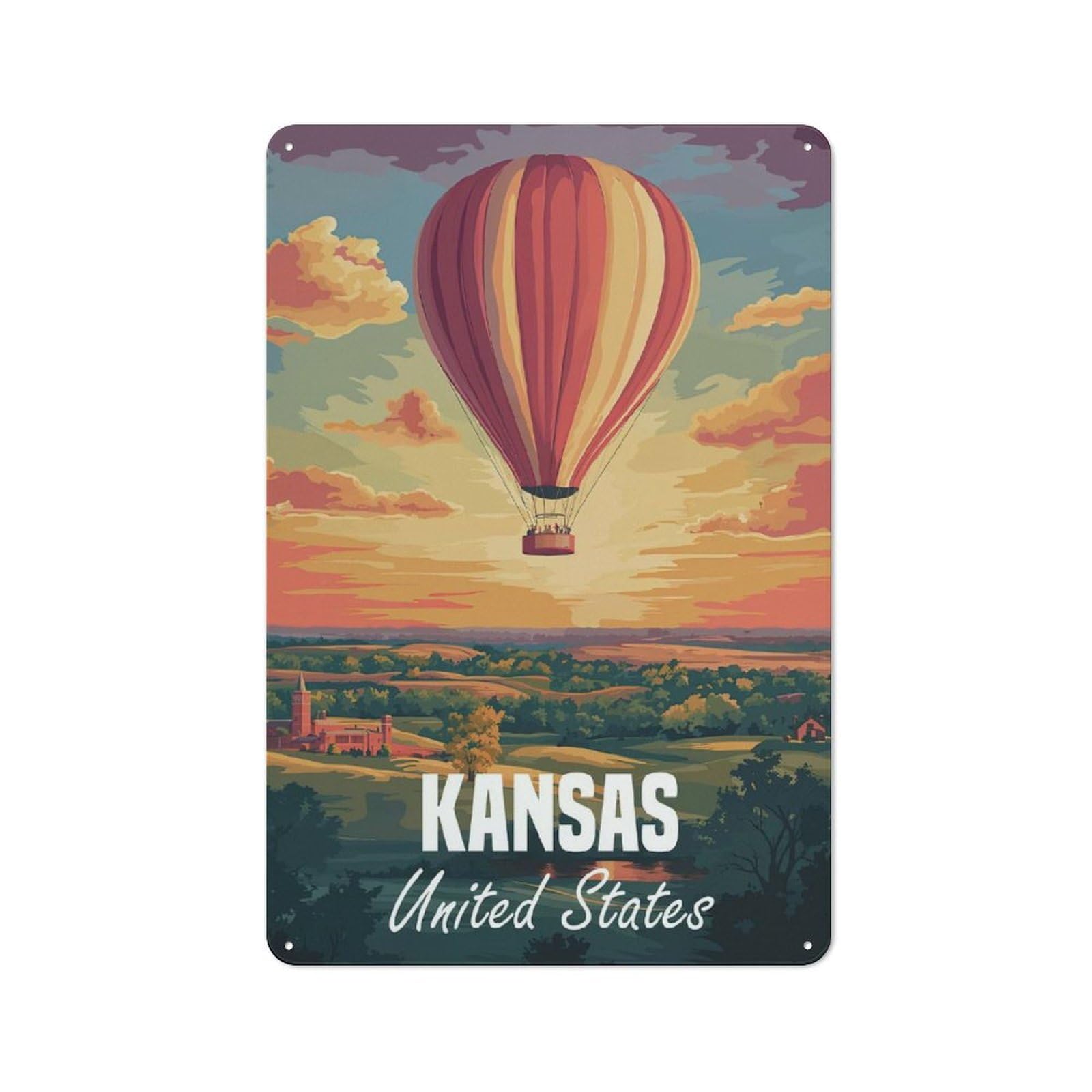 Junmoney Kansas Hot Air Balloon Sunset Vintage Metal Sign With Design 30X20cm, Vintage Bar Wall Plaque For Cafe, Pub, Workshop Or Home Bar