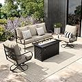 Sophia & William Patio Conversation Set for 5, 3-Seater Sofa, 2 Swivel Chairs and a 45" Fire Pit Table, Metal Outdoor Furniture with 5.75" Extra Thick Cushions, Beige