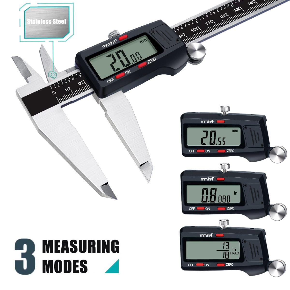 Kynup Calibre digital, 300 mm/12 pulgadas, herramienta de medición de acero inoxidable, calibrador electrónico, conversión de pulgadas/métricas/fracciones, diseño de apagado automático