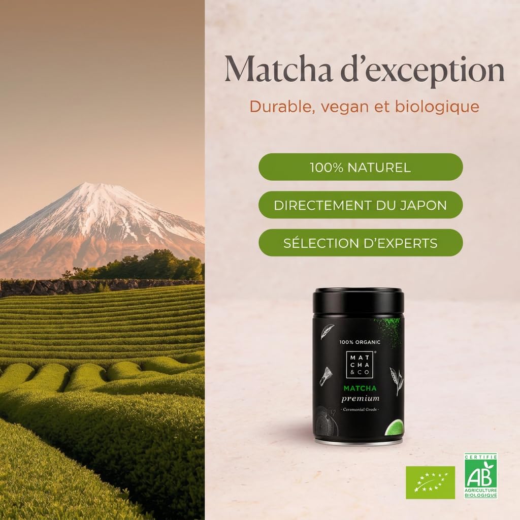 Matcha & CO | Thé Matcha Cérémoniel Biologique – Sans Pesticides – Qualité Supérieure – Poudre de Thé Vert Japonais – 80 g