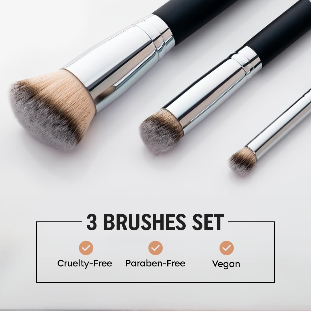 Gleva 3 Pcs Foundation Concealer Brushes Set, Under Eye Mini Angled Brush, Nose Contour Brush, Small Makeup Foundation Brushes Blending Liquid Cream Or Flawless Powder Cosmetics Buffing Kabuki Brushes 2