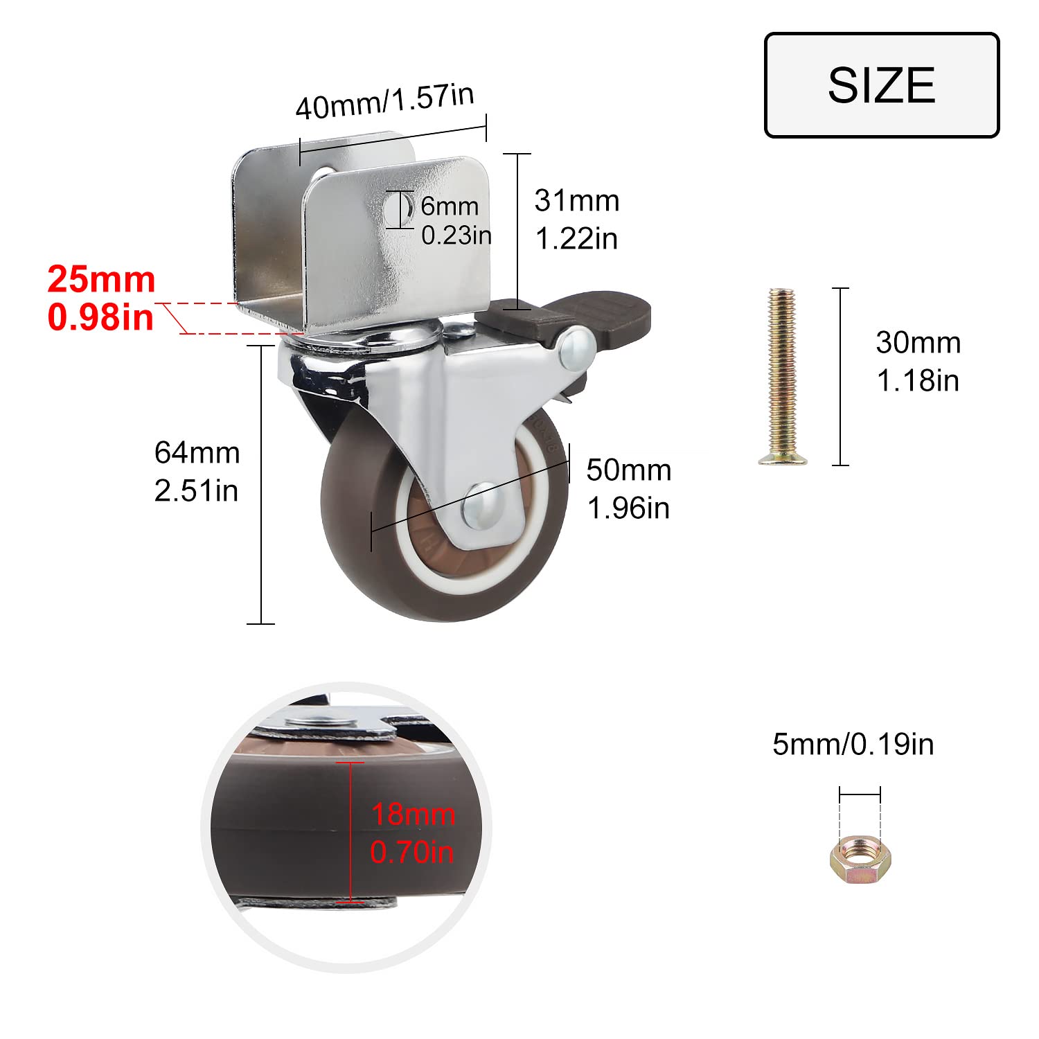 DBREAKS Zestaw 4 cichych kółek Ø 50 mm do mebli w kształcie litery U, otwór na płytę 25 mm, obrót z hamulcem, guma ze śrubami, obciążenie całkowite 100 kg