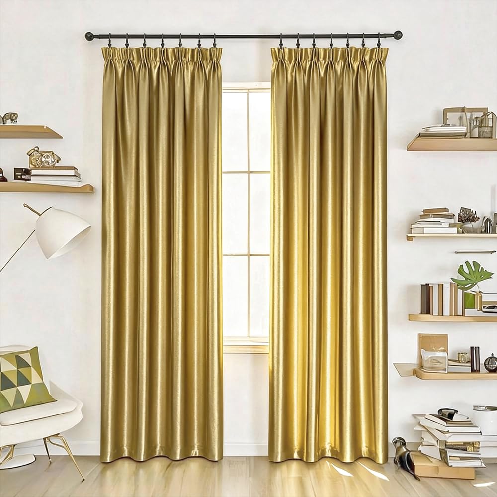 MYRU Elegante Vorhänge mit Bleistiftfalten, verdunkelnd, glänzender Stoff für Wohnzimmer und Schlafzimmer, 2 Paneele, 168 x 228 cm, luxuriöse goldene Vorhänge)