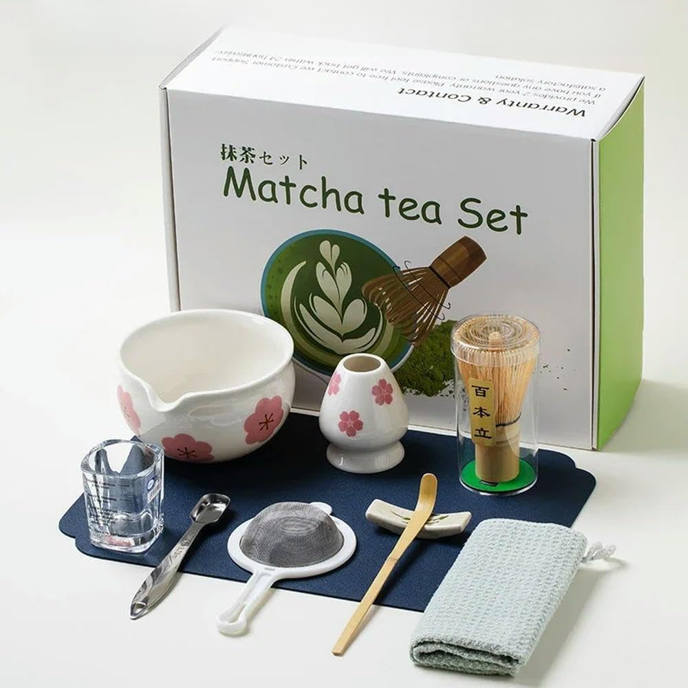 LIUXIN 4/5/7/10 Pezzi Rosa/Verde/Bianco Fiori Ciotola in Ceramica Matcha Frusta da tè Pennello per Il tè Matcha Strumenti Scatola Regalo per Gli Amanti del tè