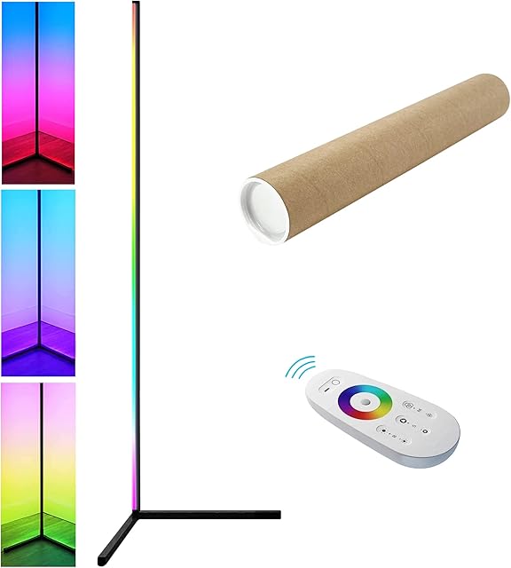 Corner Floor Lamp Colour Changing, 140cm Standing Tall Minimalist LED RGB Floor Lamps for Living Room and Bedroom, Dimmable Lamp with Remote Controller, Bright Light Home Decoration