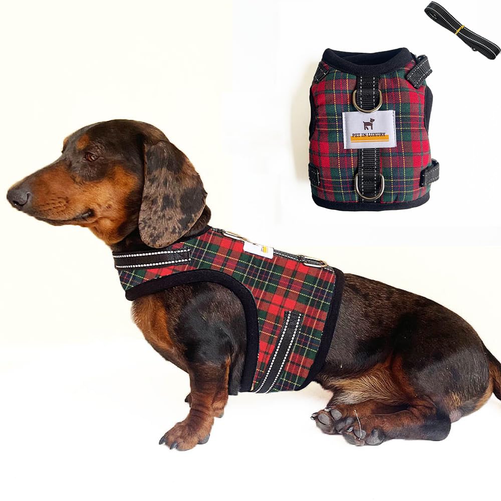 Dachshund Harness no Armpit rub, Christmas Plaid Escape Proof Doxie Harness, Adjustable Step in Dog Harness for mini & Standard Dachshund (Red, L:Chest 21"-25"/53-63cm)