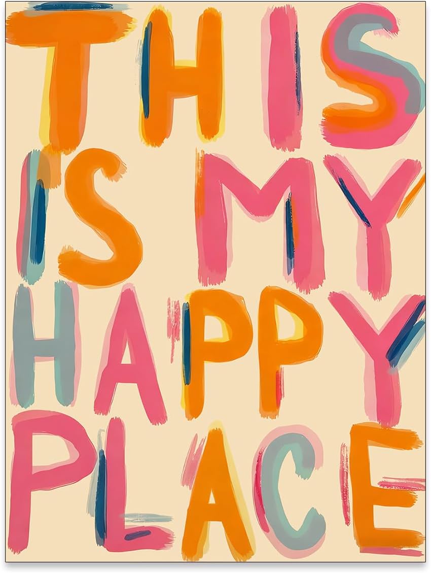 This Is My Happy Place Canvas Wall Art -Trendy Pink Orange Positive Quotes Aesthetic Posters Prints - Retro Preppy Painting 12x16in Unframed for Girly Dorm Bedroom Apartment Home Decor