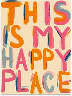 This Is My Happy Place Canvas Wall Art -Trendy Pink Orange Positive Quotes Aesthetic Posters Prints - Retro Preppy Painting 12x16in Unframed for Girly Dorm Bedroom Apartment Home Decor