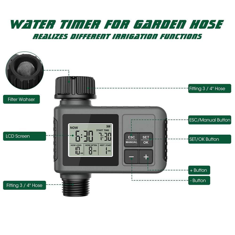 Bewässerungscomputer,Zeitschaltuhr Bewässerung,Bewässerungsuhr,Bewässerungssteuerung Programmierbarer,IPX5 Wasserdicht,Wasser Zeitschaltuhr für Garten Rasen