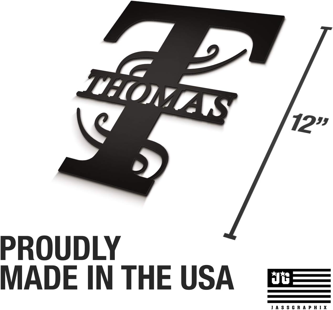 JASS GRAPHIX Thomas 12" Black Aluminum Composite Monogrammed Sign Door Wall Decor Last Name Signs for Home Personalized