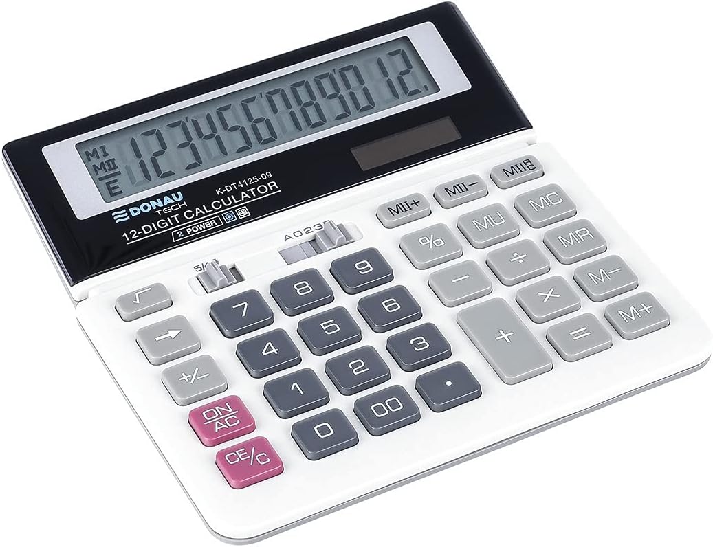 DONAU TECH/K-DT4125-09 Desktop Calculator 12-Digit Root Function 156 x 152 x 28 mm White with 12-Digit Display Dual Power Solar Battery Operated Compact Design