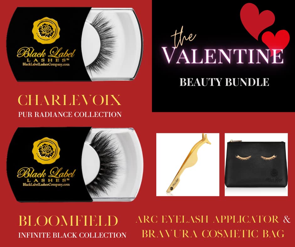 The VALENTINE Beauty Bundle  de Black Label Lashes  incluye las pestañas CHARLEVOIX  las pestañas BLOOMFIELD  el aplicador de pestañas ARC  y la