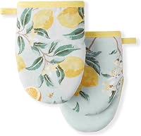 Martha Stewart Lemon Whimsy Mini Oven Mitts 2-Pack, Yellow - Heat-Resistant Cotton, Silicone Grip, 5.5x8 Inch