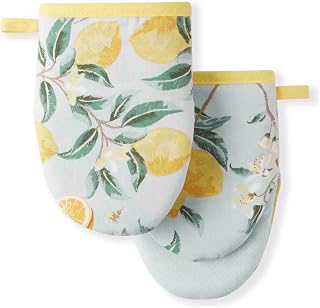 Martha Stewart Lemon Whimsy Mini Oven Mitts 2-Pack, Yellow - Heat-Resistant Cotton, Silicone Grip, 5.5x8 Inch