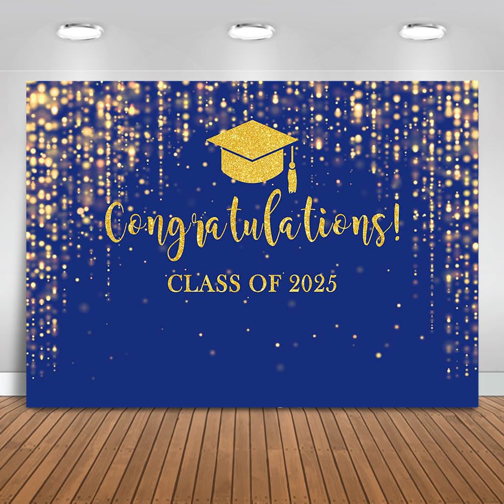 Mocsicka Class of 2025 Backdrop Blue Gold Glitter Bokeh Graduation Party Background 2025 Congrats Grad Prom Party Cake Table Decoration Photo Booth Props (7x5ft)