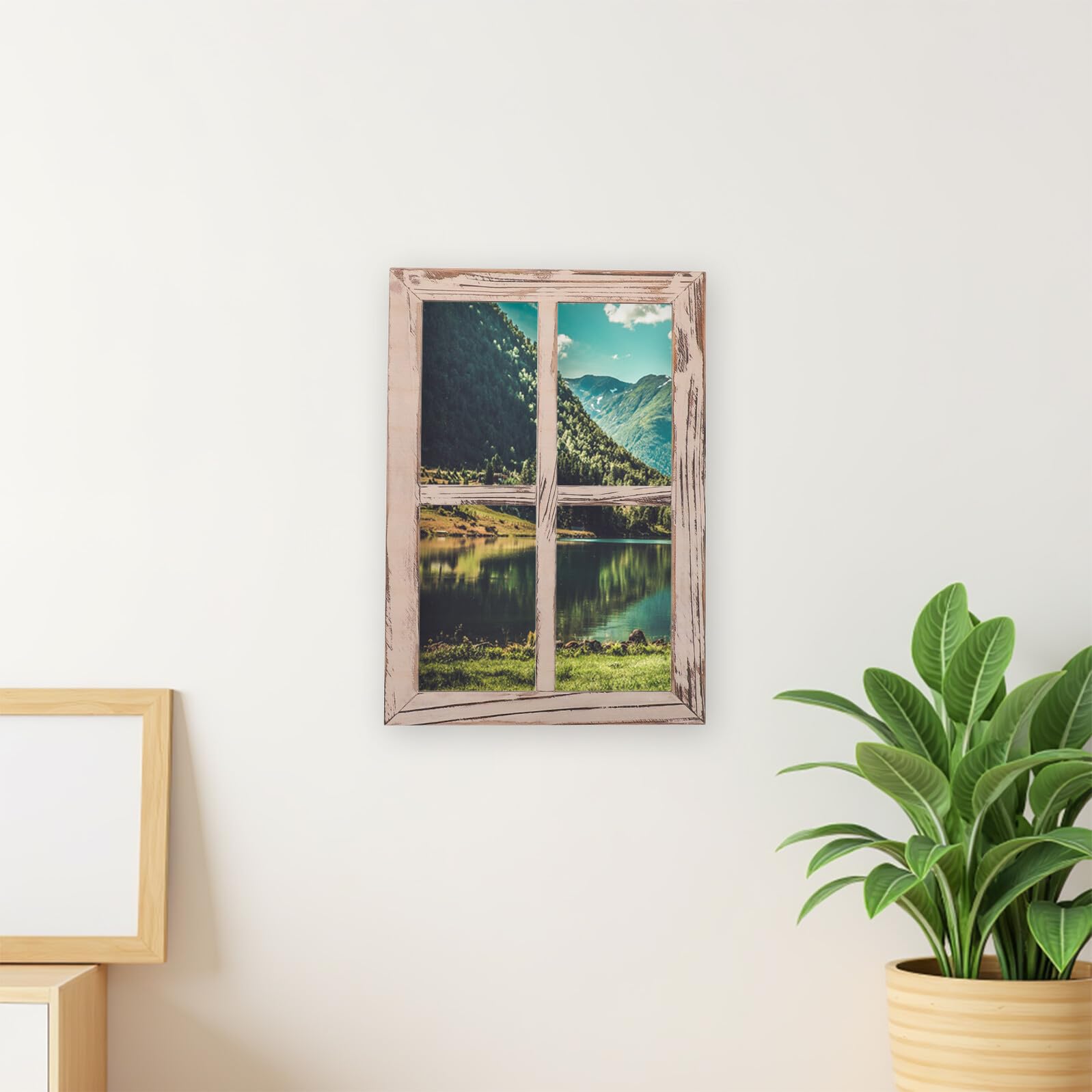 Rustikale Holzfensterrahmen Wanddekoration mit Einfacher Montage 2 Stück im Landhausstil und Lichtsteuerung für Wohnzimmer und Bauernhaus Atmosphäre