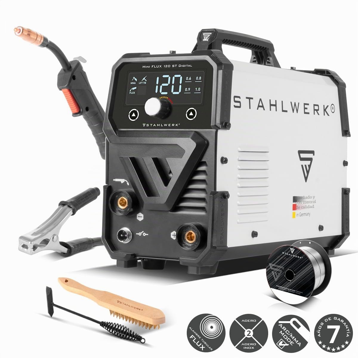 STAHLWERK Soldadora de electrodos 200 Synergic Pro Digital – Máquina de soldar MMA/Electrodo 200 A, soldadura sin gas protector, Lift-TIG, refrigeración inteligente & protección sobrecalentamiento