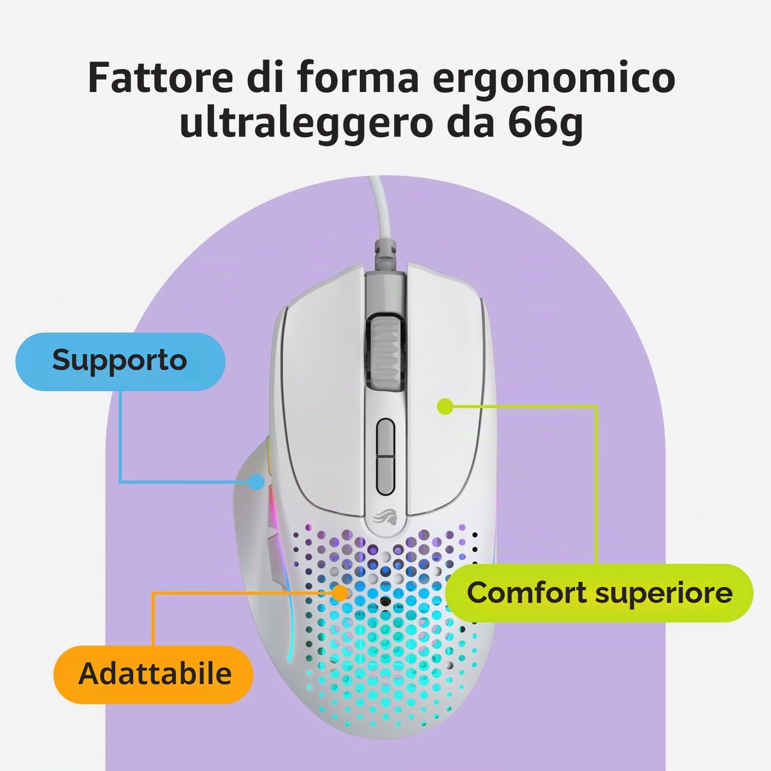 GLORIOUS Gaming - Model I 2 Wired Gaming Mouse: 9 tasti programmabili (2 scamb.), superleggero 66 g, sensore ottico 26.000, switch da 80 milioni di clic, MMO/MOBA/sparatutto, Bianco