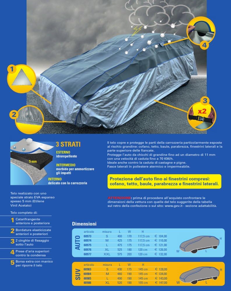 GEV Telo antigrandine auto suv con copertura finestrini S– Protezione per Parabrezza, Tetto, Cofano, Vetri Laterali e Baule – Antigrandine, Impermeabile e Antigraffio - 430 * 145 * 175 cm