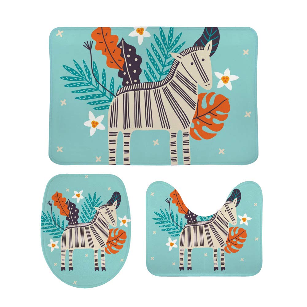 Tapis de salle de bain motif feuilles de palmier zèbre bleu