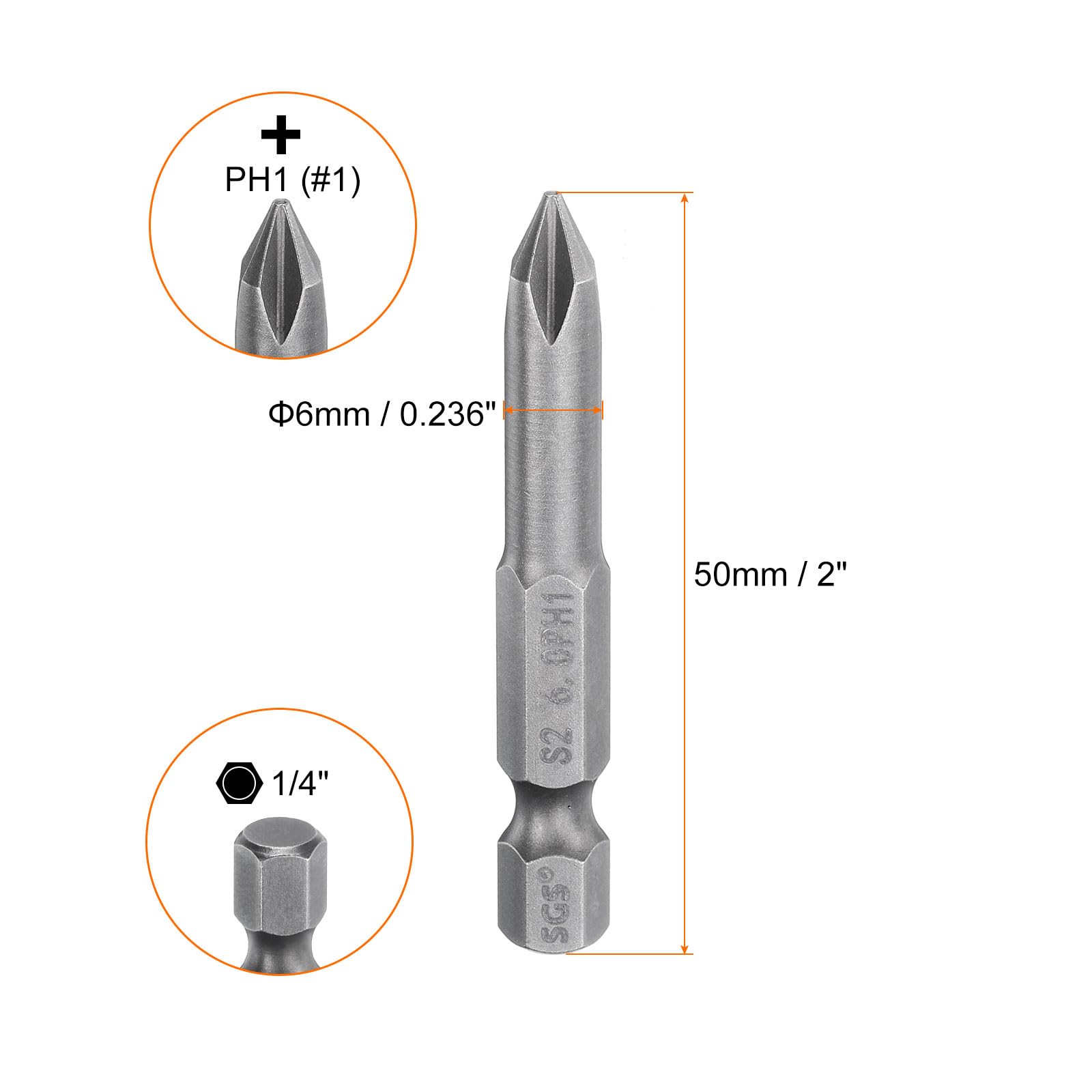 HARFINGTON 5 puntas de destornillador Phillips #1 PH1 de 1/4 pulgadas de vástago hexagonal de 2 pulgadas de largo magnético S2 de acero de grado industrial, brocas eléctricas de cabeza cruzada de