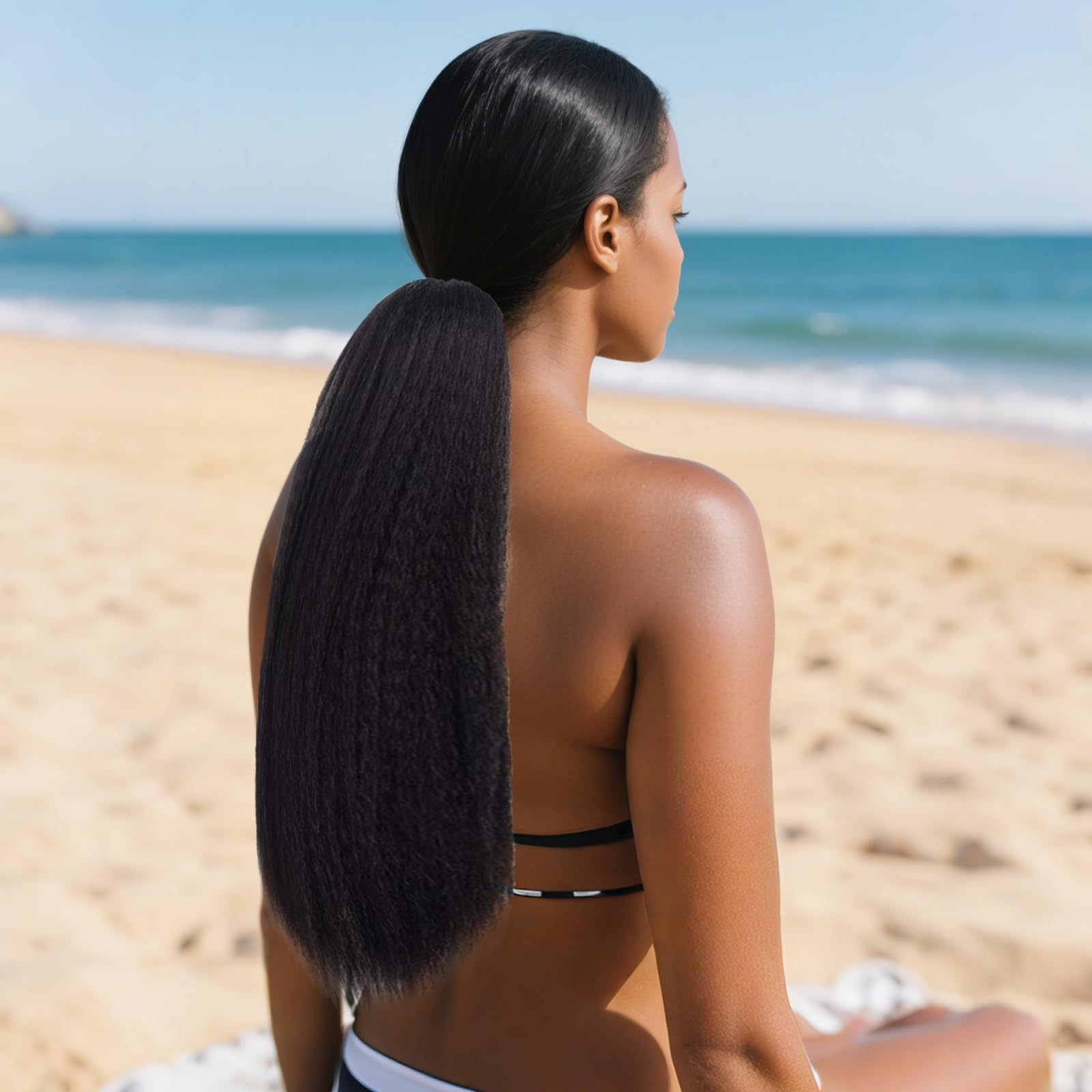 BMYUK Drawstring Ponytail for Black Women Hair Clip in Extensions Ponytail Remy Hair Extensions Natural Black Color Staight Up Down Ponytails Synthetic 24 inch - Image 4