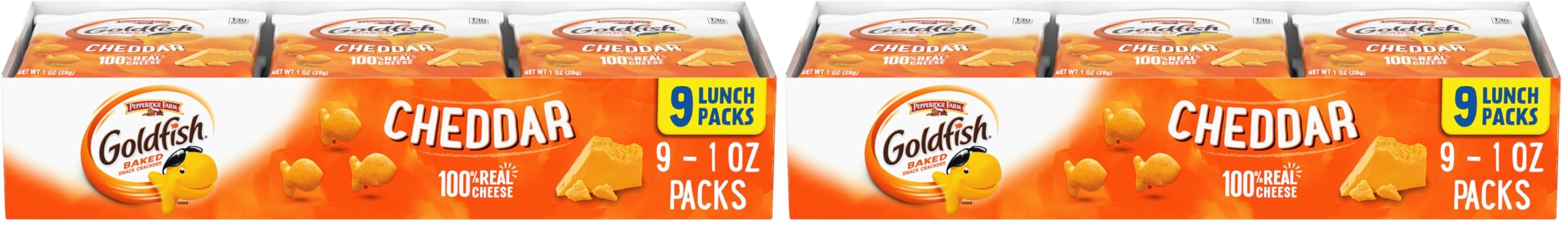 Goldfish Cheddar Cheese Crackers, Baked Snack Crackers, 1 oz On-the-Go Snack Packs, 9 Count Tray (Pack of 2)