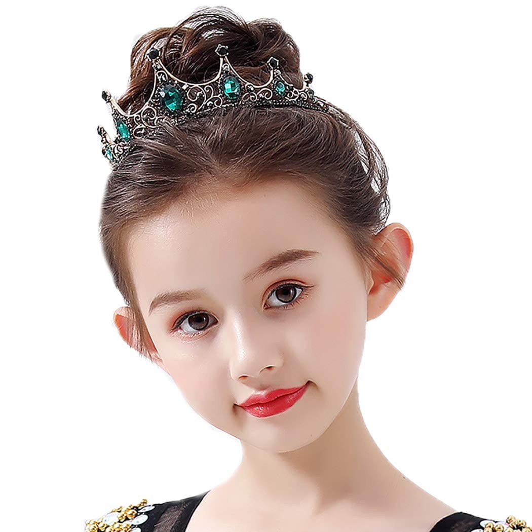 Princess Crystals Crown Headband, , Vintage Emerald Rhinestone Tiara Birthday Gift for Kids Toddlers Girls Party Prom Pageant Decor (Green)