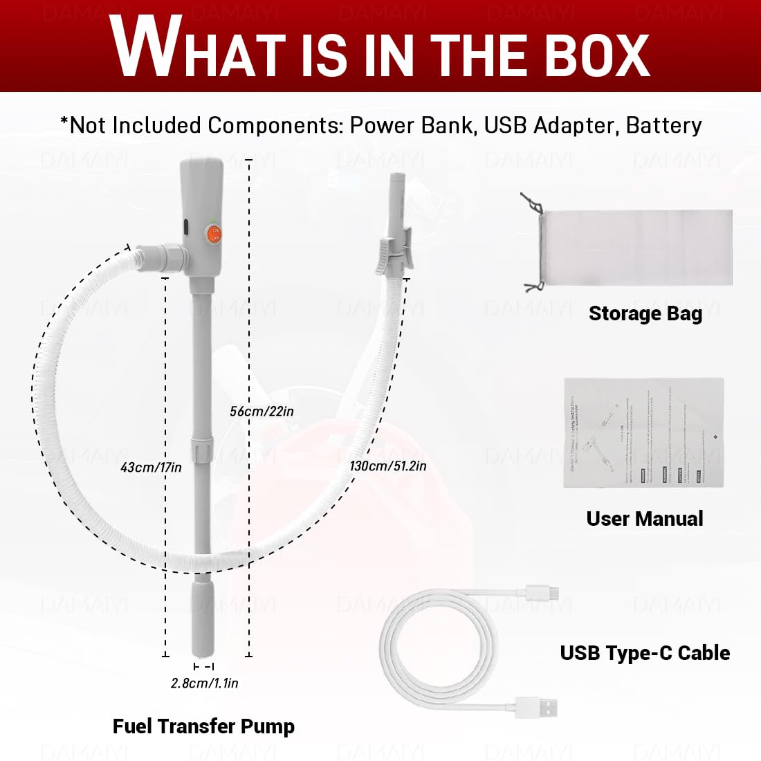 Pompa di Trasferimento Carburante & Pompa Travaso Benzina/Gasolio – Doppia Alimentazione USB-C/AA, Portata 3.2 GPM, Arresto Automatico, Tubo Principale 51 Pollici + Pompa di Inserimento Telescopico