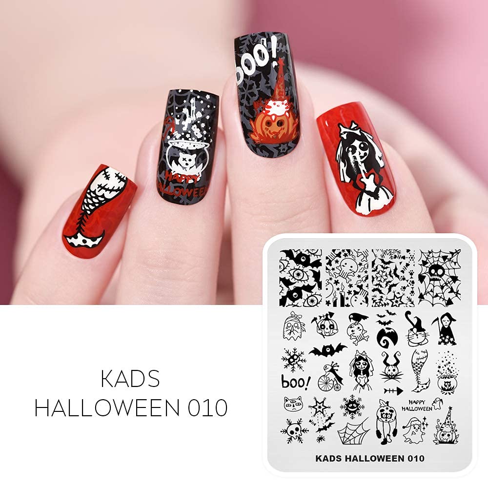 KADS Nagelstempelplatte Halloween – Edelstahl, 7x8 Cm, Mit Horror-Motiven Wie Skelett, Blut, Hexe, Kürbis, Für Nagel-Art