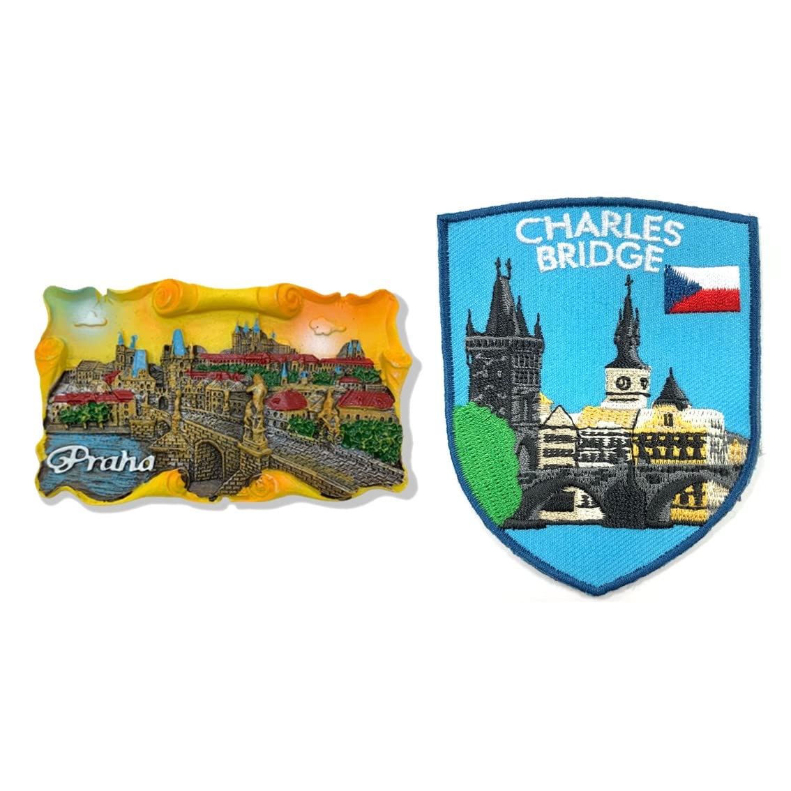 A-ONE Prague Charles Bridge Sunset Vltava River Czech 3D Scenery Freezer Magnet 1PC+Prague Landmark Iron on Patch 1PC, Gift Fridge Magnet, Emblem Patch for Denim Jacket Shirts Tourist Souvenir C45+275