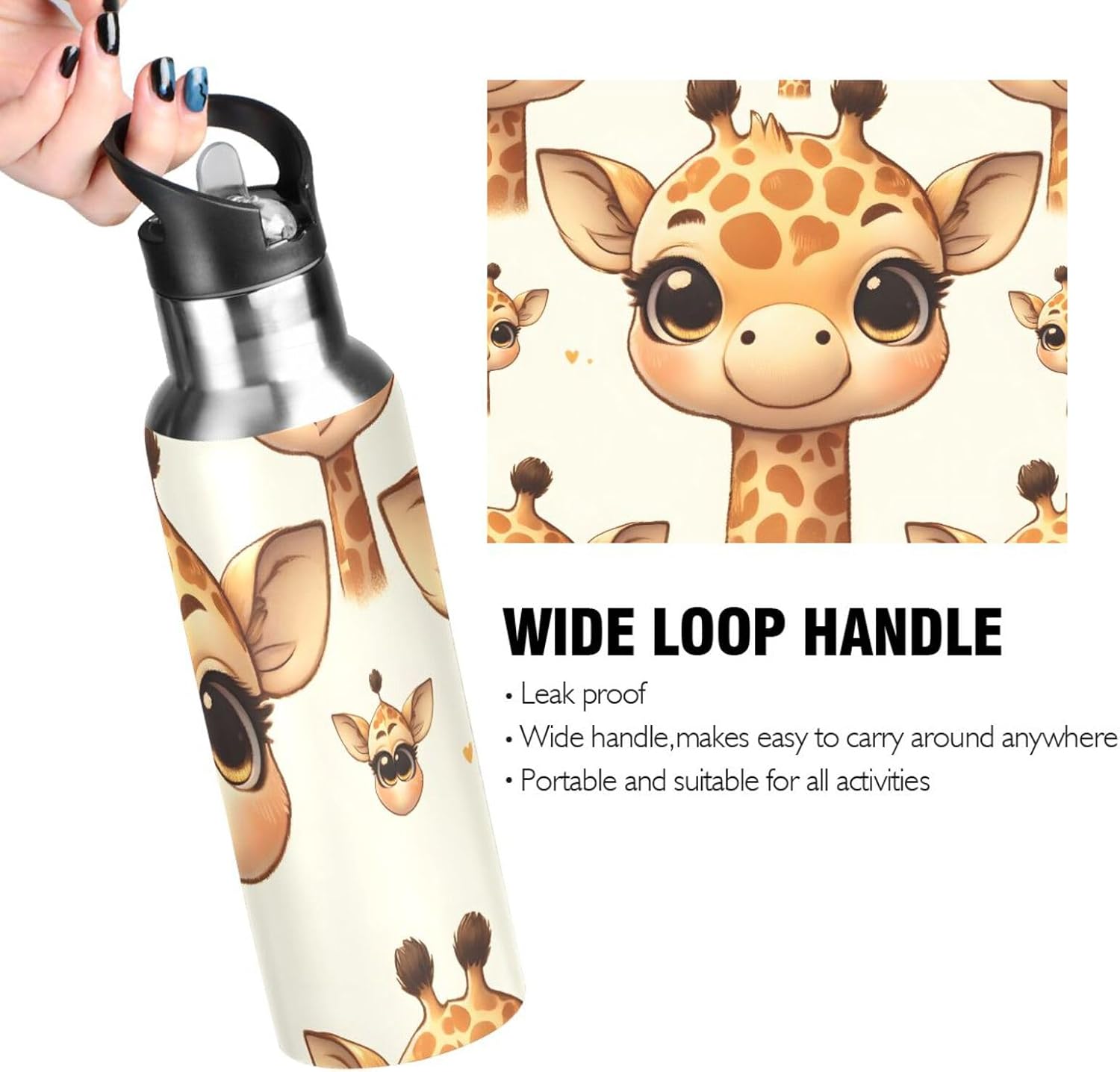 Cute Giraffe Face Pattern Water Bottles for Boys Kids Bottle Cups with Straw Lid Insulated Stainless Steel Leakproof Water Flask 20 oz
