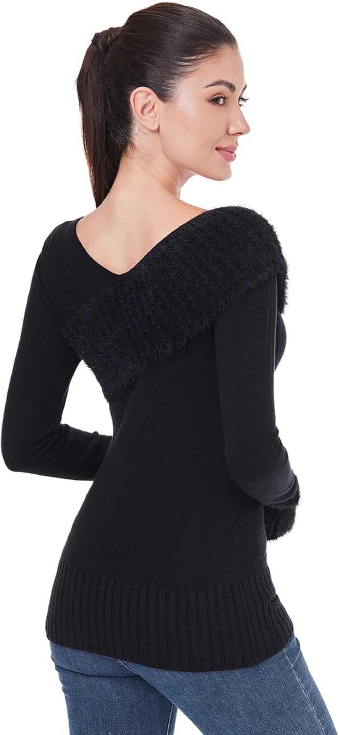 AmélieBoutik Women Asymmetric Neckline Faux Fur Trim Long Sleeve Fashion Casual Tunic Sweater Tops - Image 2