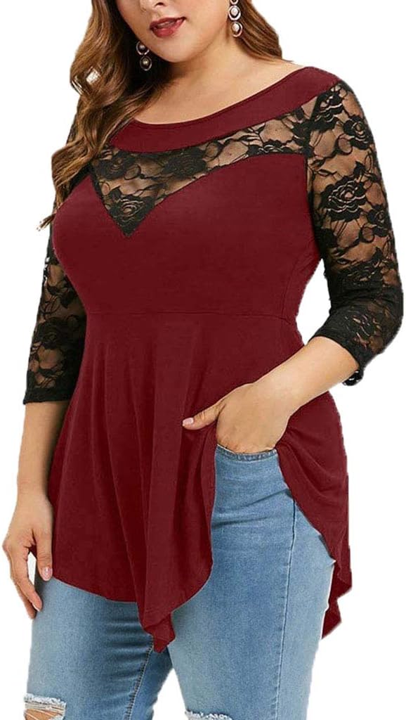 Nihsatin Women's Plus Size Lace Panel Asymmetrical T Shirts 3/4 Sleeve Swing Tops - Image 3