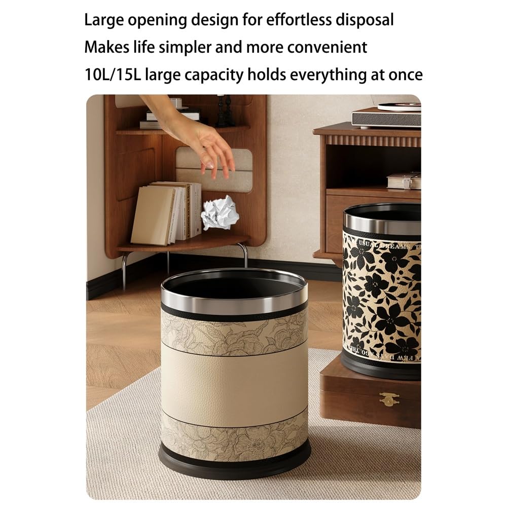 Decorative Metal Wastebasket with Removable Stainless Steel Ring, Double Layer Trash Can Leather Covered Round Wastebasket Dust Bins for Kitchen Bathroom Office(15L)