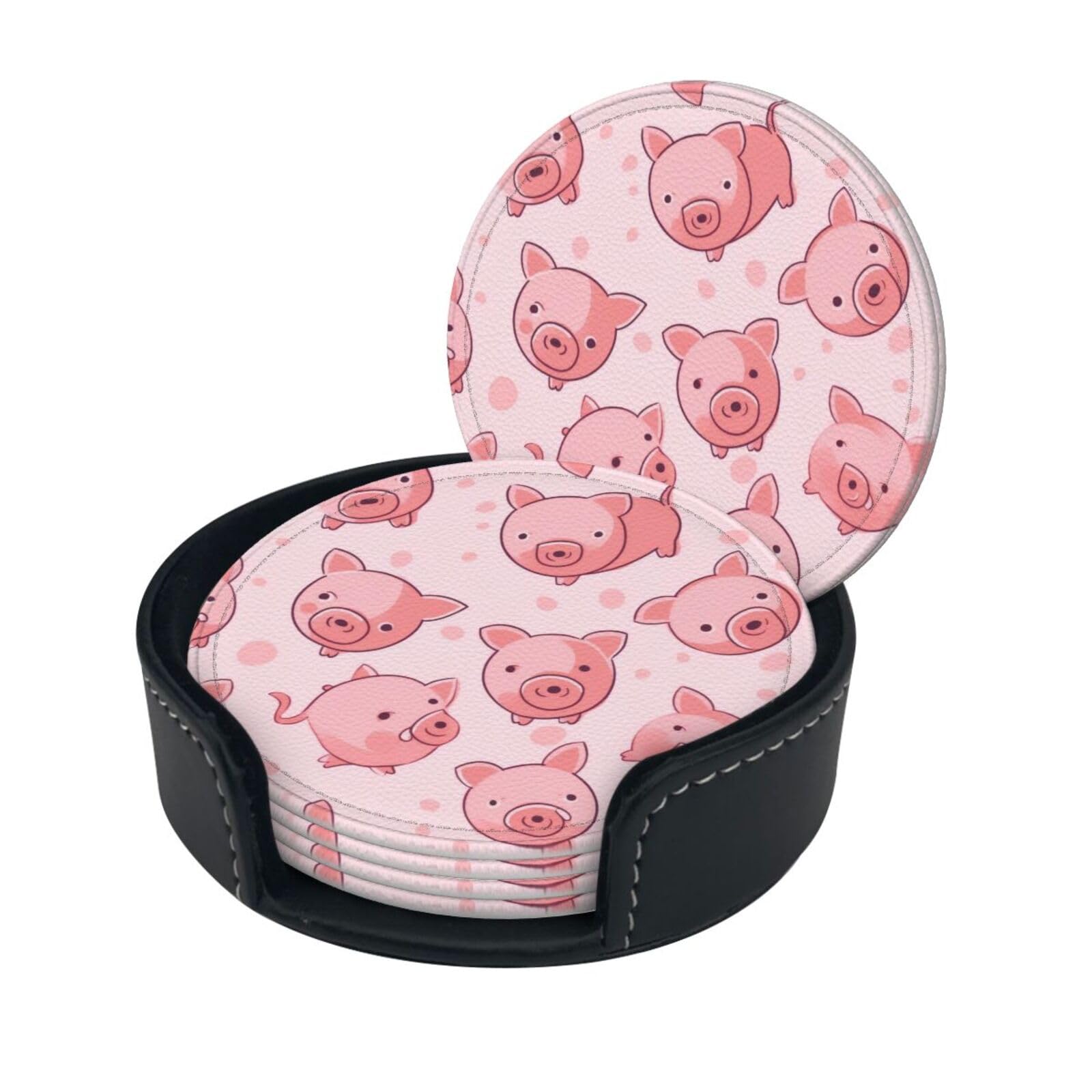 Stylish Coasters - Cute Pig Set of 6 Round Leather Drink Coasters with Holder - Perfect Size for Cups and Glasses
