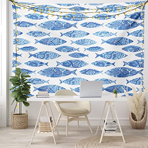 Ambesonne Blue Tapestry, Fish Sea Animal with Ottoman Ornate Mosaic Hand Drawn Style Marine Artwork, Wide Wall Hanging for Bedroom Living Room Dorm, 80