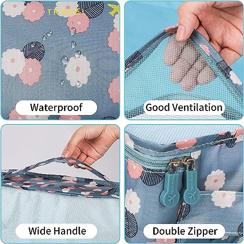 Image of 6 in 1 Polyester Secret Pouch Travel Bag Packing Cubes Laundry Bag with Undergarments & Cloth Storage Organizer Travelling Set /Suitcase Cloth Cube Bag (6 PC SET BLUE FLAWER)
