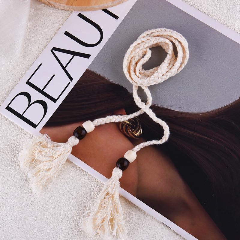 White Tassel Braided Rope Belt with Bead Waistband Fringe Woven Macrame Crochet Skinny Belt for Women Ladies Bohemian Woven Tie Belt for Summer Beach Dresses Pants Accessory Decoration2