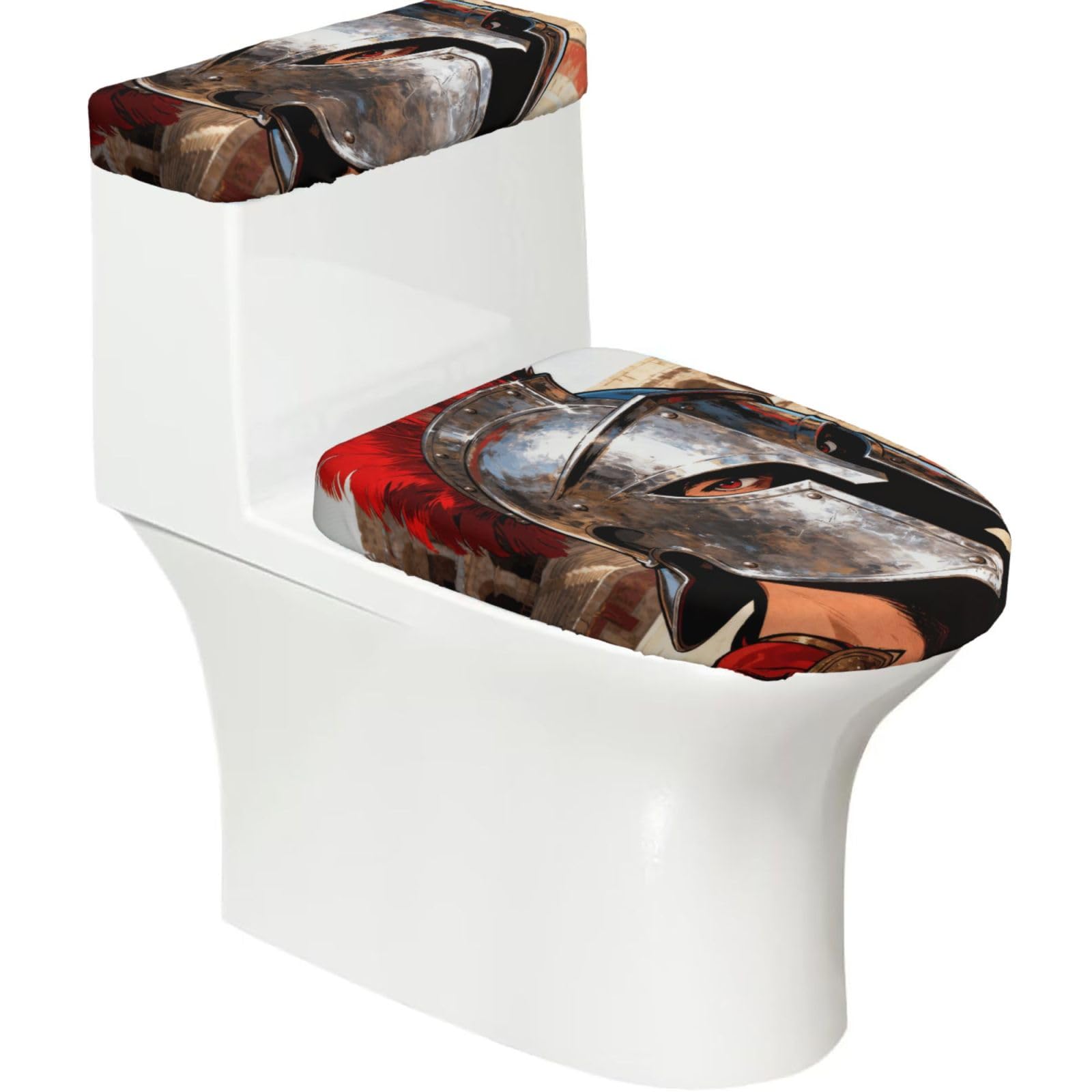 Cntdbu Black Gladiator Helmet Face Stretchy Toilet Lid And Tank Cover Set-Soft Elastic Bathroom Decor For U Shape Oval