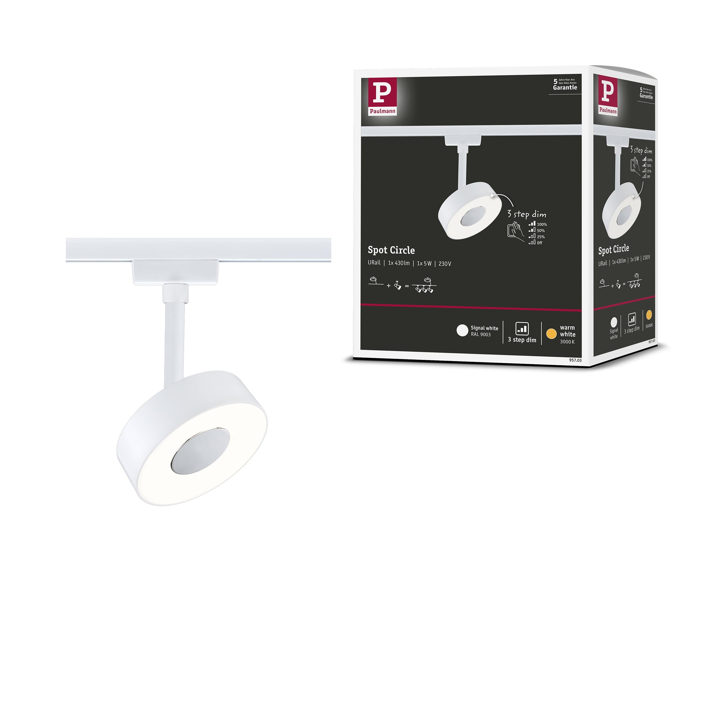 Paulmann 95703 URail - Foco LED para riel de 3 pasos, círculo tenue, foco individual, 210 lm, 5 W, 3000 K, regulable, 230 V, señal blanca