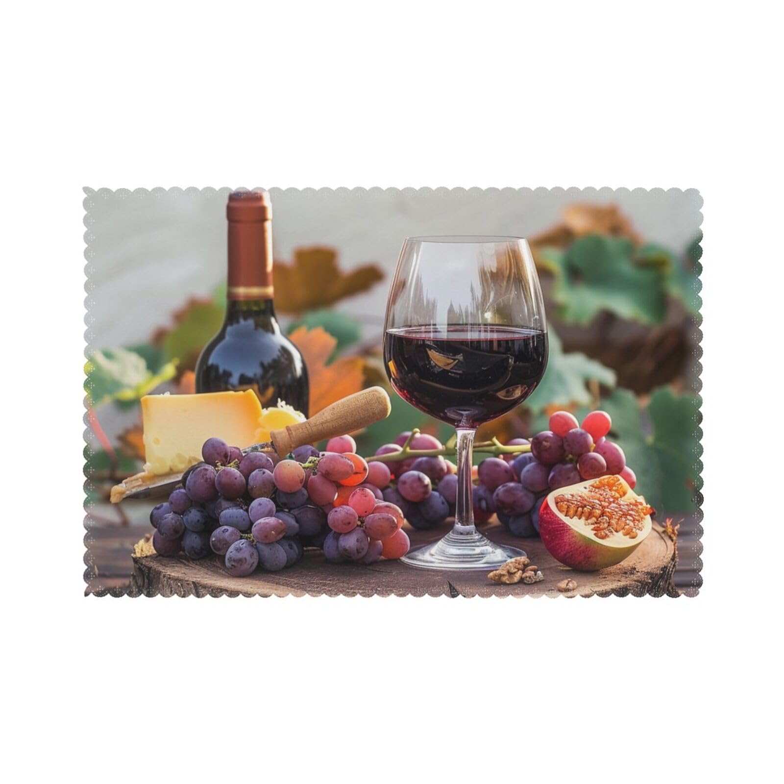 Red Wine Galsses & Grapes with Wooden Printed Placemat Heat Resistant Place Mats Set of 6 PCS Washable Kitchen Table Mats, 12x18 Inch