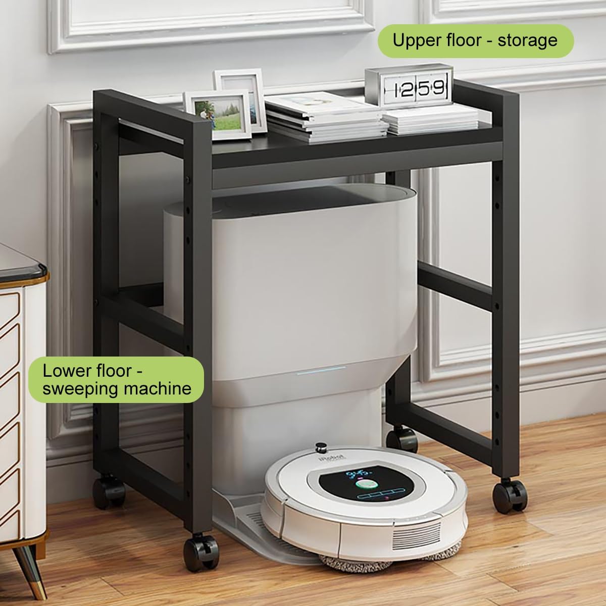 Robot Unidad de almacenamiento al vacío con estante rodante de madera para mesa auxiliar de acuario, muebles para el hogar u oficina, color negro y marrón, 50 x 35 cm