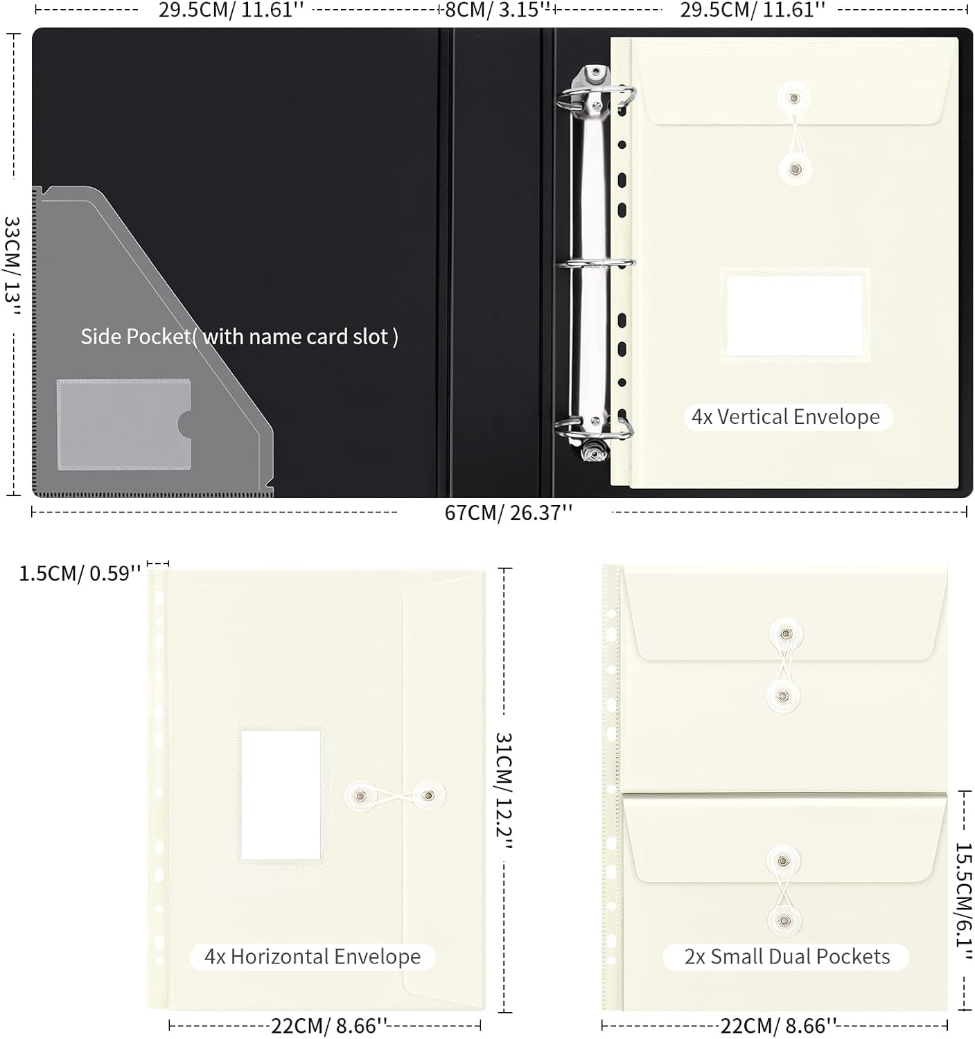 Uquelic Large Folio Document Organizer, Important Document Organizer with 8 Expandable A4 Size & 4 A5 Size Plastic Document Envelopes for Important Paper Files,Photos, Letters, Labels Included (Black)