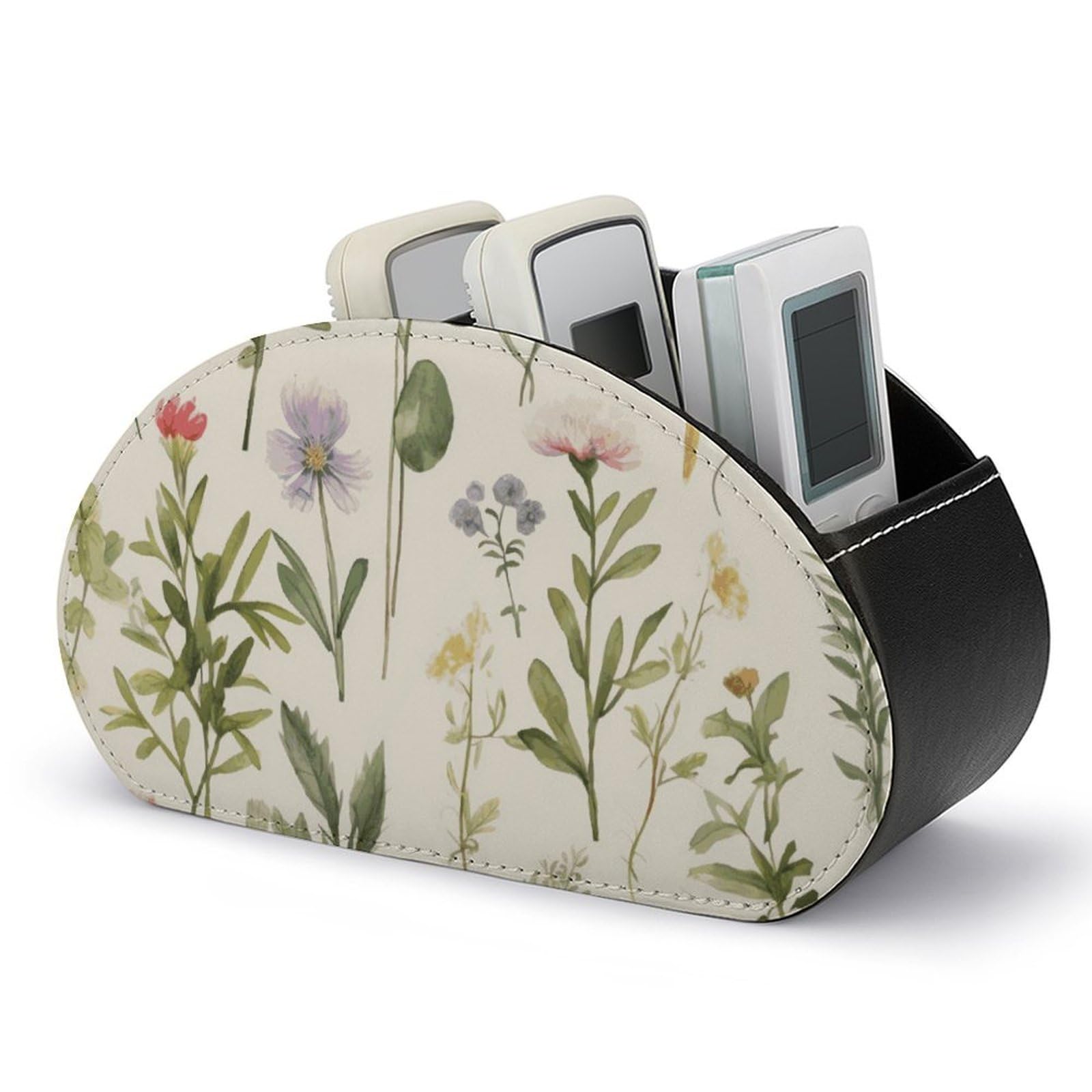 JTREHY Season Watercolors of Herbs Flowersb Remote Control Holder with 5 Compartments Pu Leather Remote Caddy Box Multi-functional Deskt Holders Organizer Box Tray Bedside Table Storage Organizer