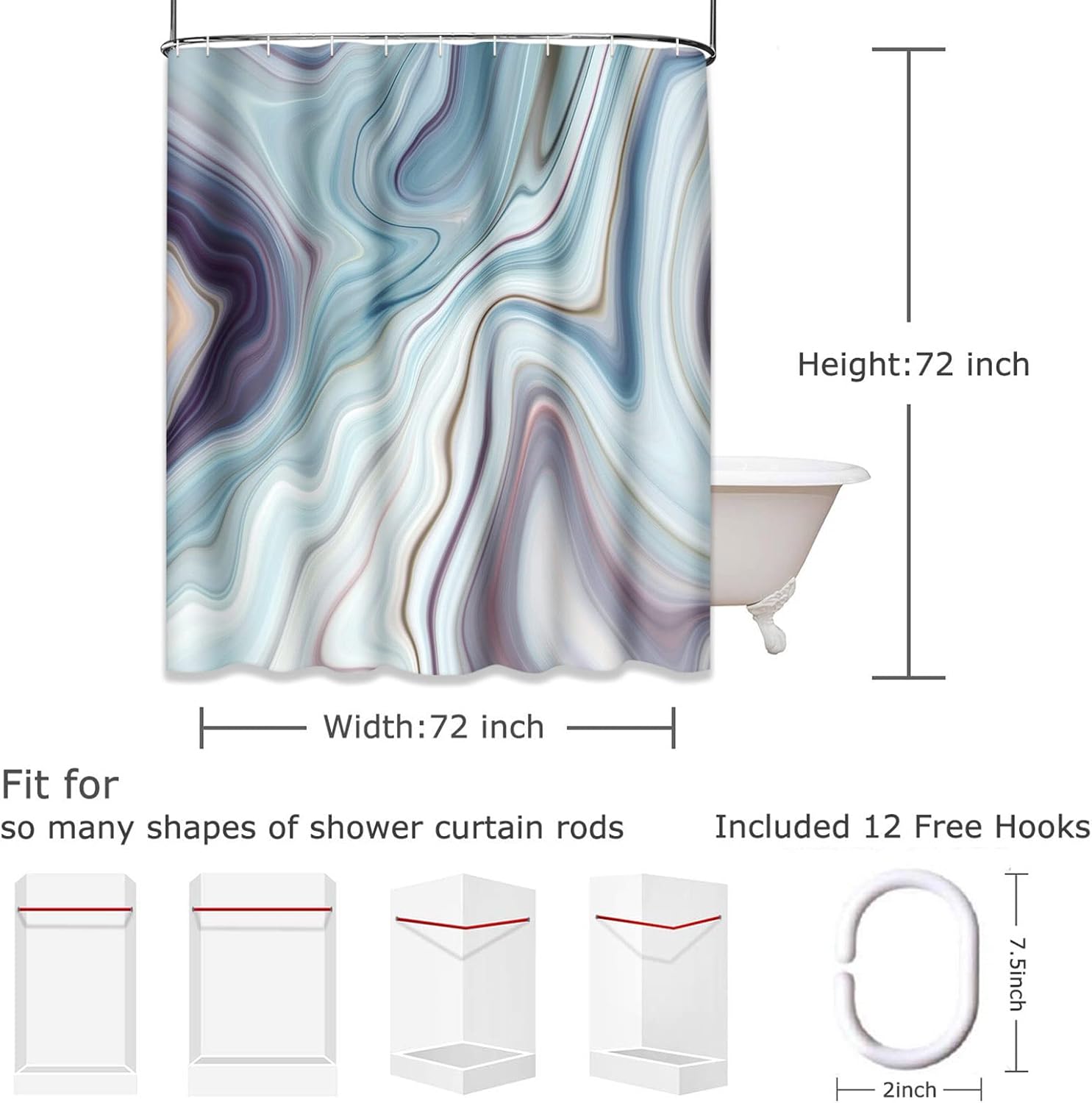 Emvency Shower Curtain Black Granite Marble White Gray Pattern Abstract Blue Ink Liquid Waterproof Polyester Fabric 72 x 72 inches Set with Hooks