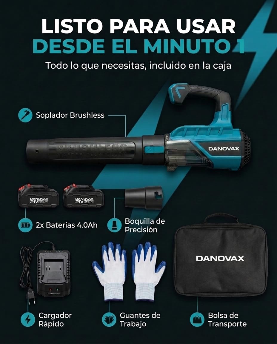 Soplador de Hojas - 2 Baterías 4Ah Incluidas - Motor Brushless - 3 Velocidades - Gran Potencia de Soplado hasta 260 km/h – Cargador con Base - Bolsa de Transporte y Guantes Incluidos